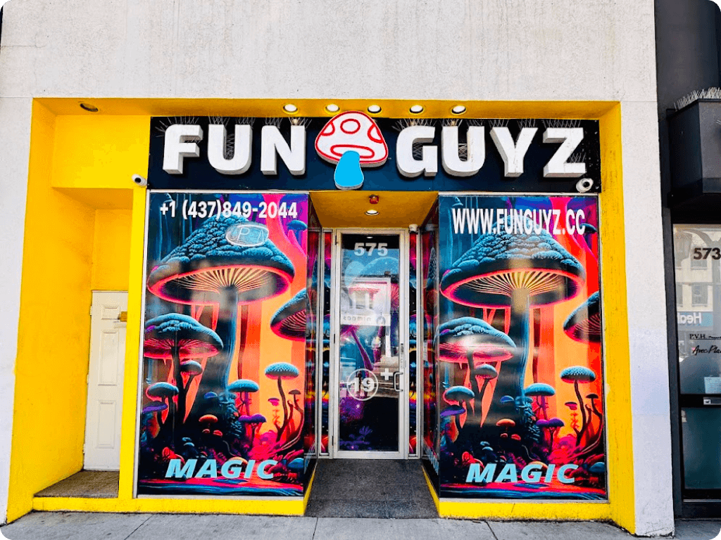 Funguyz magic mushroom dispensary on Danforth Avenue, storefront, main entrance