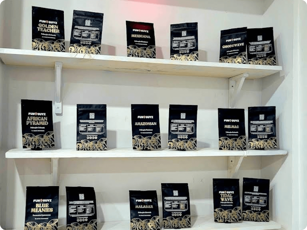 funguyz-magic-mushroom-dispensary-etobicoke-1340-the-queensway-3 (1) Magic mushroom packs on the shelves of Funguyz magic mushroom dispensary in Etobicoke