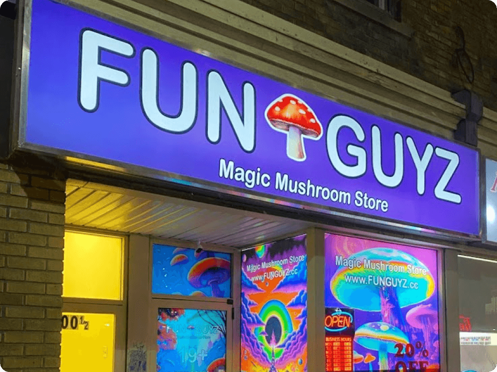 funguyz-magic-mushrooms-dispensary-ottawa-200-bank-street-1 Bright neon sign of Funguyz magic mushrooms dispensary in Ottawa on Bank Street