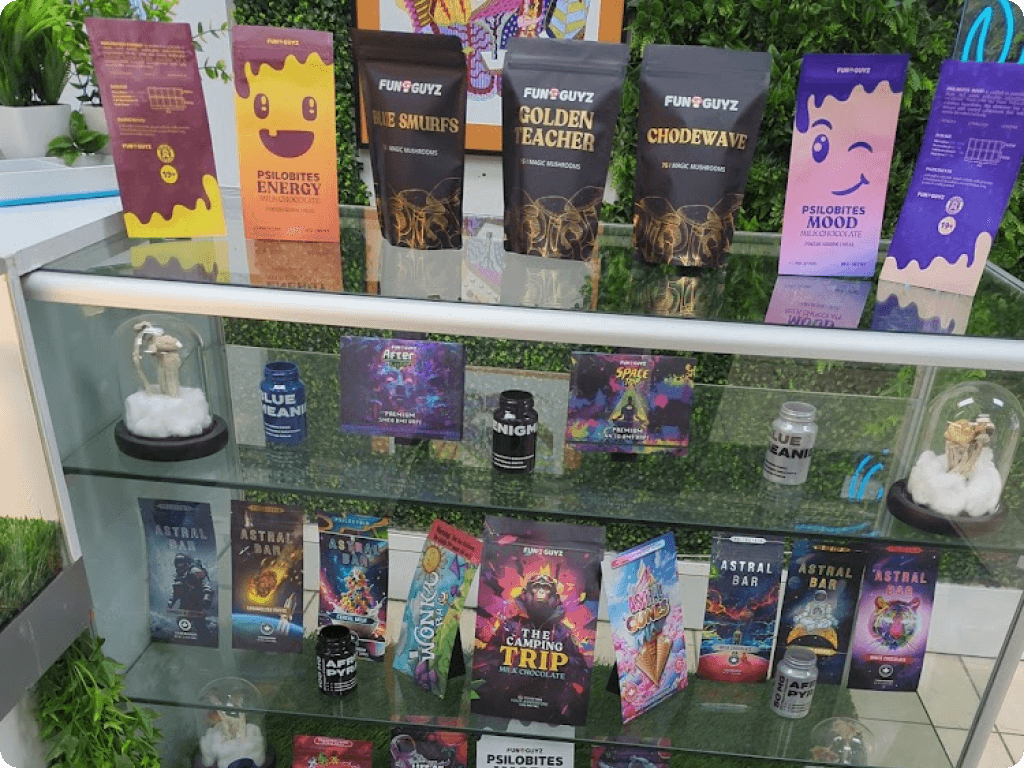 funguyz-magic-mushrooms-dispensary-ottawa-montreal-road-4 Funguyz magic mushrooms dispensary in Ottawa on Montreal Road, psychedelic products on shelves, bright colorful packs