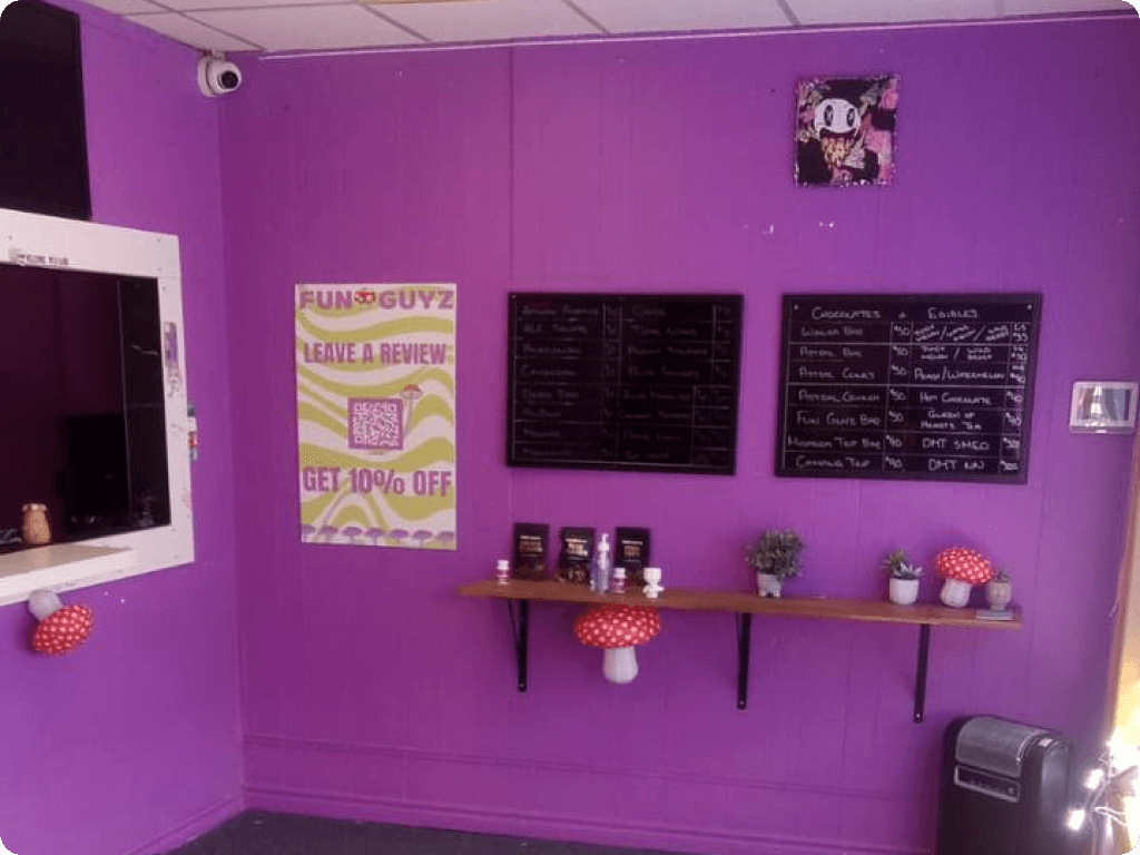 Products on the shelves inside Funguyz magic mushroom dispensary in Welland